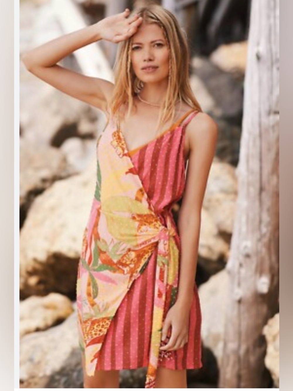 FARM Rio Pink, Yellow & Green Wrap-Style Floral Stripe Dress